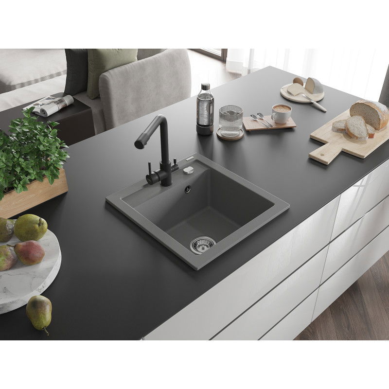 Mexen Vito chiuvetă de granit cu 1 compartiment cu baterie de bucătărie Duero, gri - 6503-71-671600-70