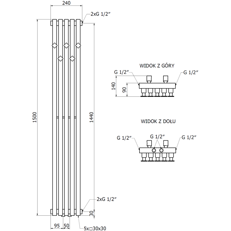 Mexen Flux radiator de baie decorativ 1500 x 240 mm, 450 W, antracit - W127-1500-240-00-66