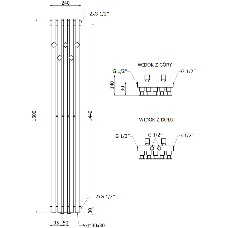 Mexen Flux radiator decorativ de baie 1500 x 240 mm, 450 W, negru - W127-1500-240-00-70
