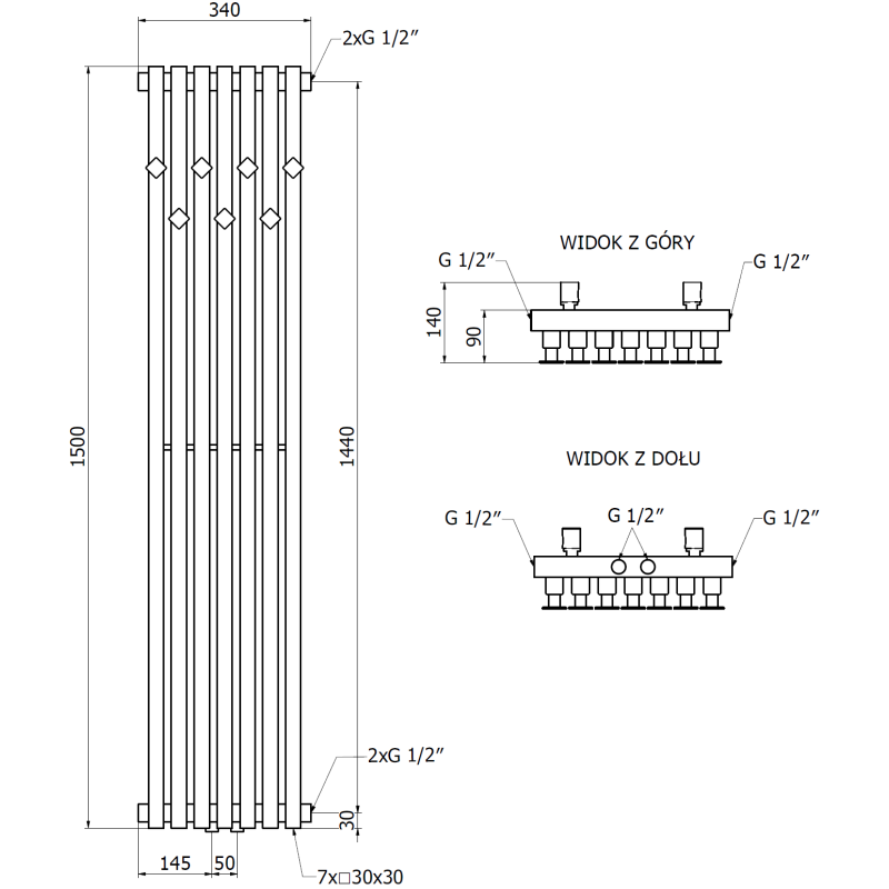 Mexen Flux dekoratív fürdőszobai radiátor 1500 x 340 mm, 630 W, antracitszürke - W127-1500-360-00-66