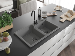 Mexen Tomas kétmedencés gránit mosogató Telma konyhai csapteleppel, szürke - 6516-71-670200-70-B