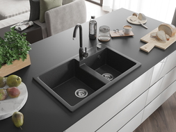 Mexen Tomas gránit mosogató 2-medencés konyhai csapteleppel Telma, fekete pöttyös - 6516-76-670200-76