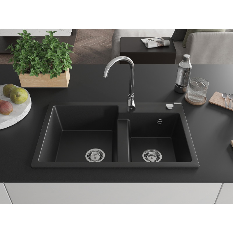 Mexen Tomas chiuvetă de bucătărie din granit, 2 compartimente, cu baterie Telma, negru - 6516-77-670200-00