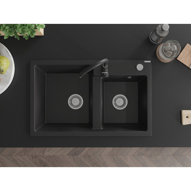 Mexen Tomas gránit 2-medencés mosogató Telma konyhai csapteleppel, fekete - 6516-77-670200-70