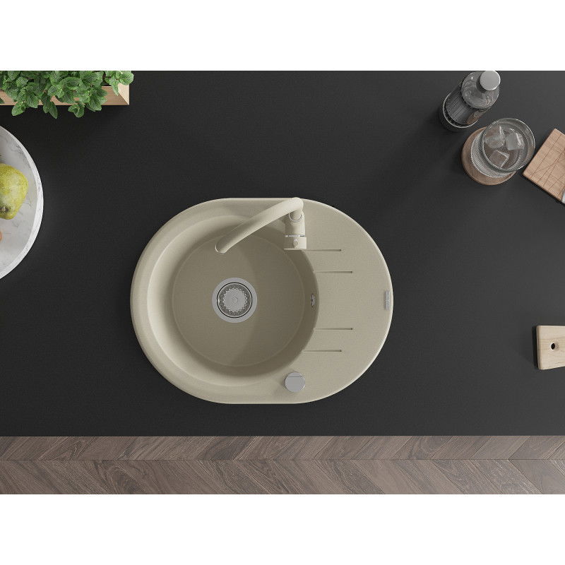 Mexen Kevin chiuvetă de granit cu o cuvă și picurător, cu baterie de bucătărie Telma, bej - 6517-69-670200-69