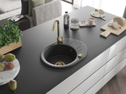 Chiuvetă de granit Mexen Kevin cu 1 cuvă, scurgător și baterie bucătărie Telma, neagră cu pete - 6517-76-670200-50