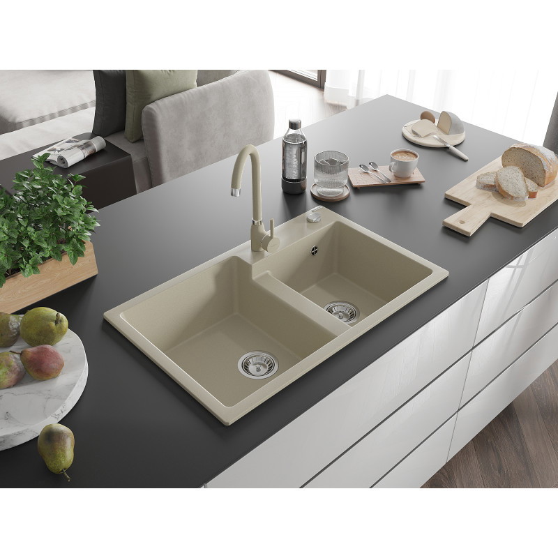 Mexen Tomas chiuvetă de granit cu 2 compartimente 800 x 500 mm, bej, cu sifon cromat - 6516802000-69