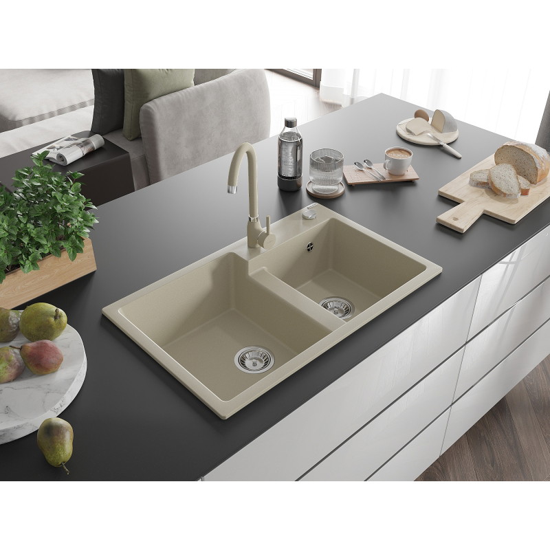 Mexen Tomas chiuvetă de granit cu 2 compartimente 800 x 500 mm, bej, sifon cromat - 6516802000-69