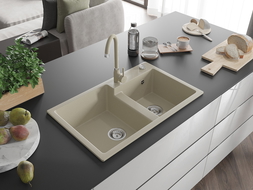 Mexen Tomas Chiuvetă de granit cu 2 compartimente 800 x 500 mm, Bej, sifon Crom - 6516802000-69