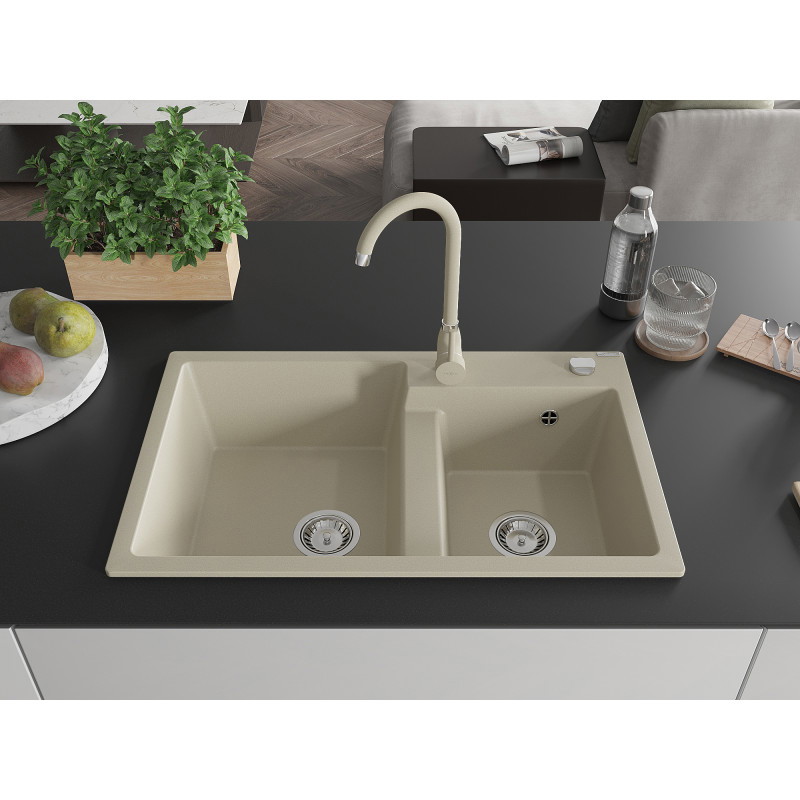 Mexen Tomas chiuvetă de granit cu 2 compartimente 800 x 500 mm, bej, cu sifon cromat - 6516802000-69