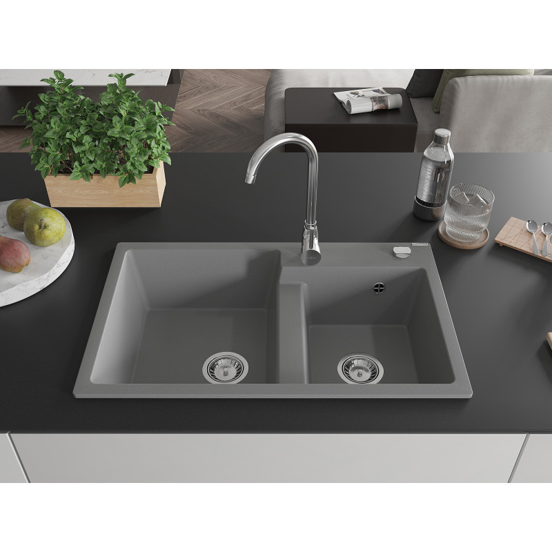 Mexen Tomas chiuvetă de granit cu 2 cuve 800 x 500 mm, gri, sifon crom - 6516802000-71