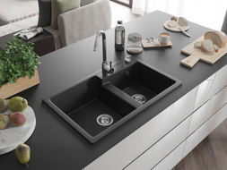 Mexen Tomas gránit mosogatók 2 rekeszes 800 x 500 mm, fekete/ezüst metál, króm szifon - 6516802000-73