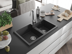Mexen Tomas chiuvetă de bucătărie din granit cu 2 compartimente 800 x 500 mm, negru pătat, sifon cromat - 6516802000-76