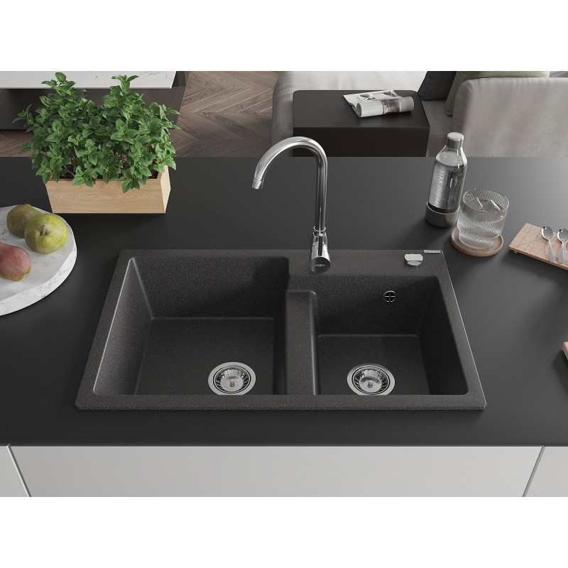 Mexen Tomas 2 rekeszes gránit mosogató 800 x 500 mm, fekete pöttyös, krómozott szifon - 6516802000-76
