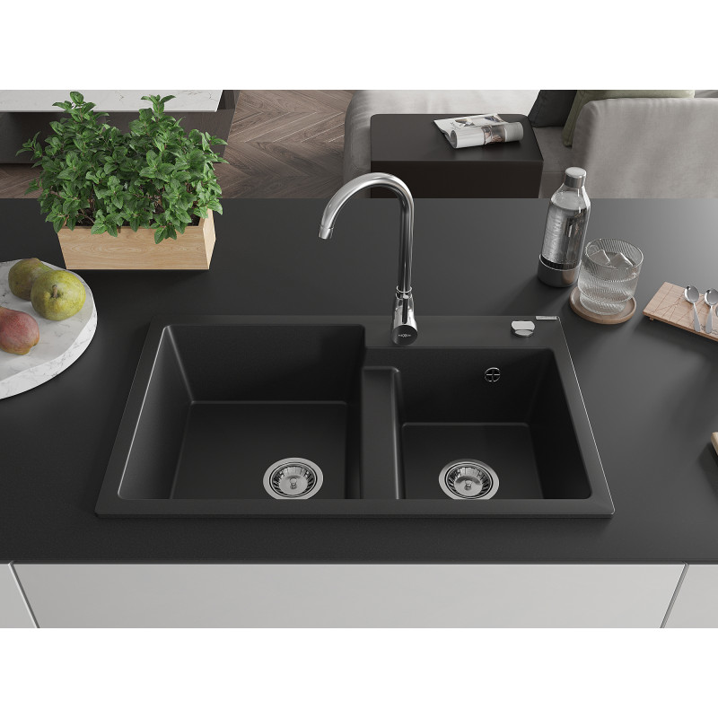 Mexen Tomas chiuvetă de granit cu 2 compartimente 800 x 500 mm, negru, sifon crom - 6516802000-77