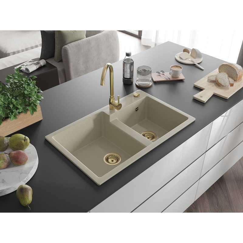 Mexen Tomas chiuvetă de bucătărie din granit cu 2 compartimente 800 x 500 mm, bej, sifon auriu - 6516802000-69-G