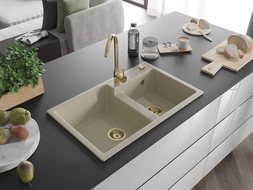 Mexen Tomas Chiuvetă de granit cu 2 compartimente 800 x 500 mm, Bej, sifon Auriu - 6516802000-69-G