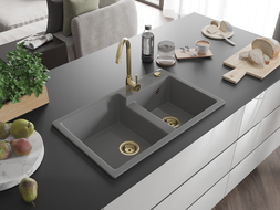 Mexen Tomas Chiuvetă de granit cu 2 compartimente 800 x 500 mm, gri, sifon Auriu - 6516802000-71-G