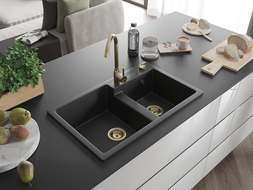 Mexen Tomas Chiuvetă de granit cu 2 compartimente 800 x 500 mm, Neagră/Argintiu metalic, sifon Auriu - 6516802000-73-G