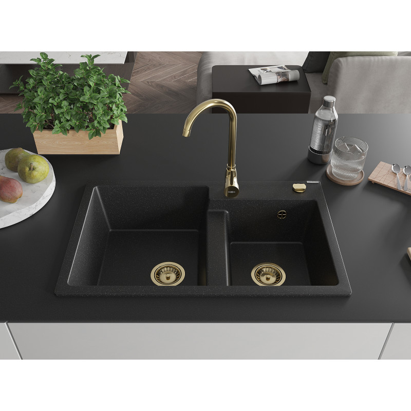 Mexen Tomas 2 rekeszes gránit mosogató 800 x 500 mm, fekete/ezüst metál, arany szifon - 6516802000-73-G