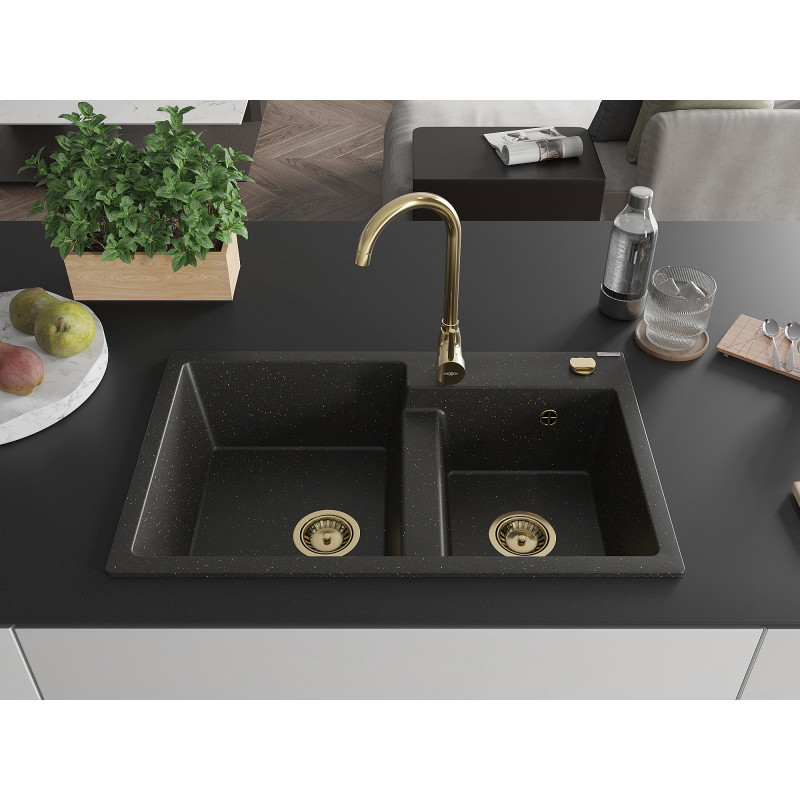 Mexen Tomas 2 rekeszes, gránit mosogató 800 x 500 mm, fekete/arany metál, arany szifon - 6516802000-75-G