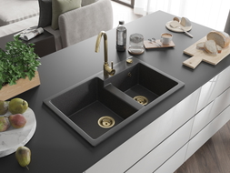 Mexen Tomas chiuvetă de granit cu 2 compartimente 800 x 500 mm, negru cu pete, sifon auriu - 6516802000-76-G