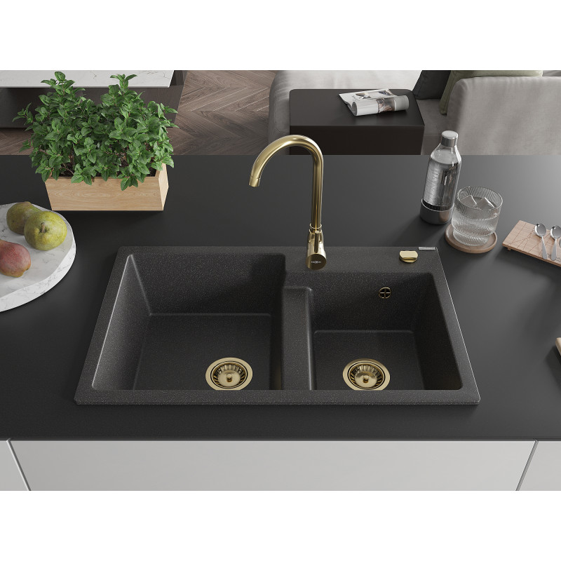 Mexen Tomas chiuvetă de granit cu 2 compartimente 800 x 500 mm, negru cu pete, sifon auriu - 6516802000-76-G
