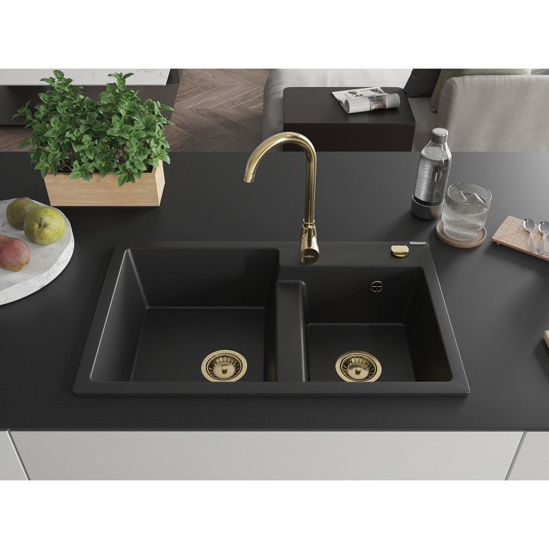 Mexen Tomas chiuvetă de granit cu 2 compartimente 800 x 500 mm, neagră, sifon auriu - 6516802000-77-G