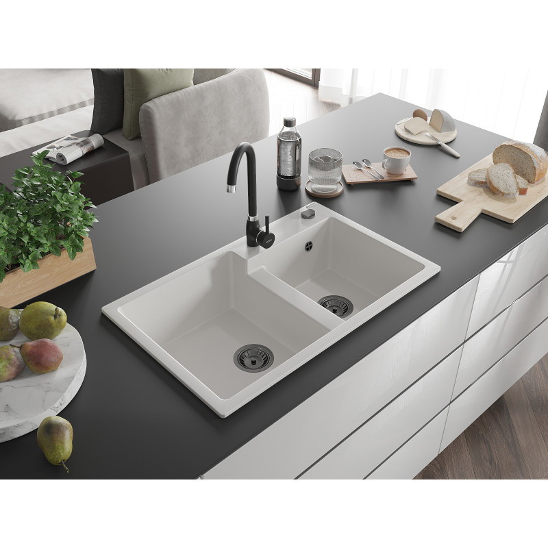 Mexen Tomas chiuvetă de granit cu 2 compartimente 800 x 500 mm, albă, sifon negru - 6516802000-20-B