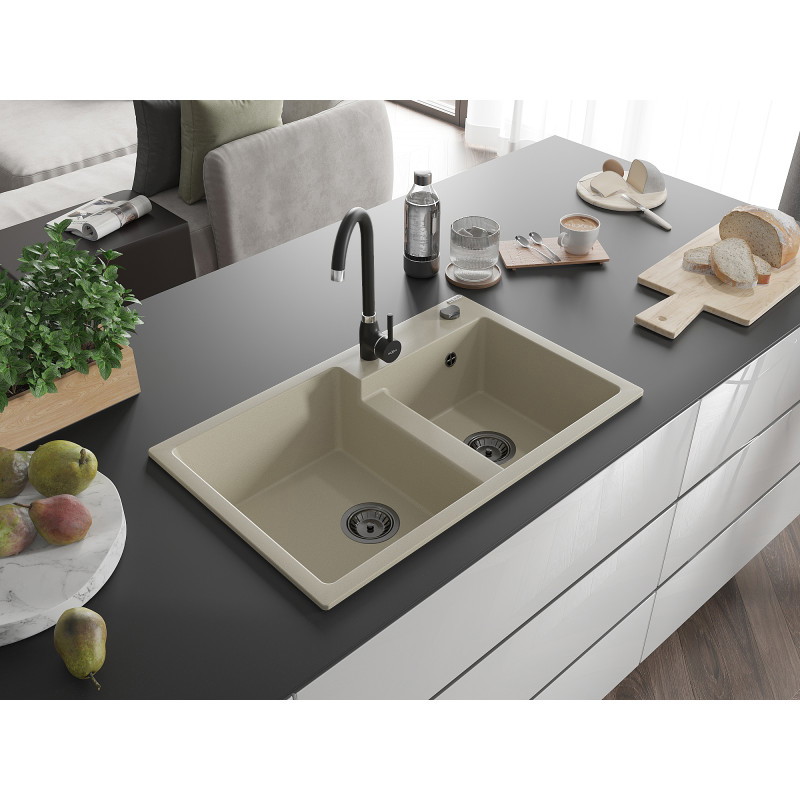 Mexen Tomas chiuvetă granitică cu 2 compartimente 800 x 500 mm, bej, sifon negru - 6516802000-69-B