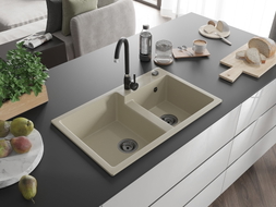 Mexen Tomas chiuvetă granitică cu 2 compartimente 800 x 500 mm, bej, sifon negru - 6516802000-69-B