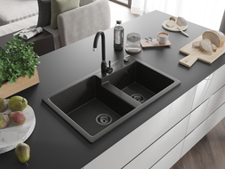 Mexen Tomas Chiuvetă de granit cu 2 compartimente 800 x 500 mm, Neagră/Auriu metalic, sifon Neagră - 6516802000-75-B
