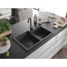 Mexen Tomas chiuvetă de granit cu 2 compartimente 800 x 500 mm, negru cu pete, sifon negru - 6516802000-76-B