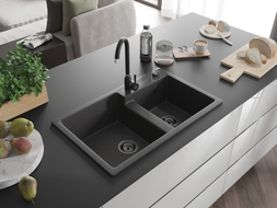 Mexen Tomas chiuvetă de granit cu 2 compartimente 800 x 500 mm, neagră pătată, sifon negru - 6516802000-76-B