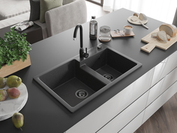 Mexen Tomas Chiuvetă de granit cu 2 compartimente 800 x 500 mm, Neagră picățele, sifon Neagră - 6516802000-76-B