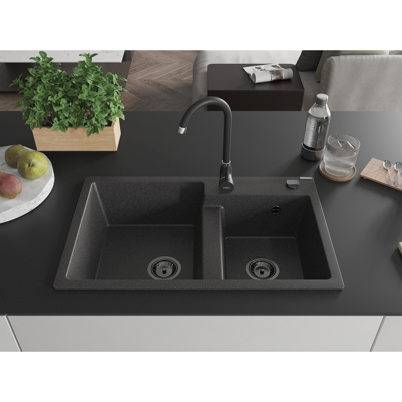 Mexen Tomas chiuvetă de granit cu 2 compartimente 800 x 500 mm, neagră pătată, sifon negru - 6516802000-76-B