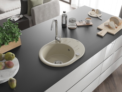 Chiuvetă granitică Mexen Kevin cu o cuvă și scurgător 586 x 458 mm, bej, sifon crom - 6517581005-69