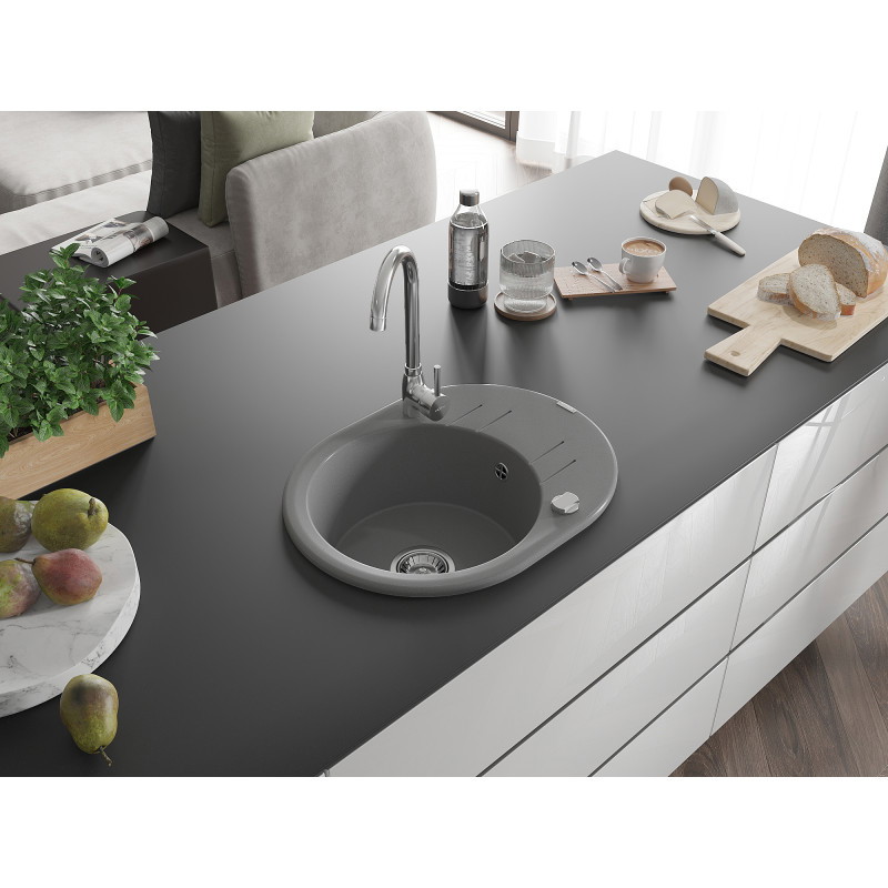 Mexen Kevin chiuvetă de bucătărie din granit cu 1 compartiment și scurgător 586 x 458 mm, gri, sifon cromat - 6517581005-71