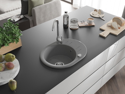 Mexen Kevin chiuvetă din granit cu 1 compartiment cu picurător 586 x 458 mm, gri, sifon Crom - 6517581005-71