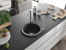 Mexen Kevin chiuvetă de granit cu 1 cuvă și scurgător 586 x 458 mm, negru cu pete, sifon crom - 6517581005-76