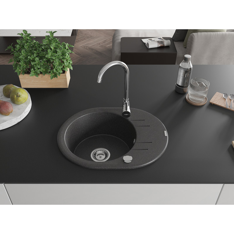 Mexen Kevin chiuvetă de granit cu 1 cuvă și scurgător 586 x 458 mm, negru cu pete, sifon crom - 6517581005-76