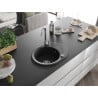 Mexen Kevin chiuvetă de granit cu o cuvă și scurgător 586 x 458 mm, neagră, sifon cromat - 6517581005-77