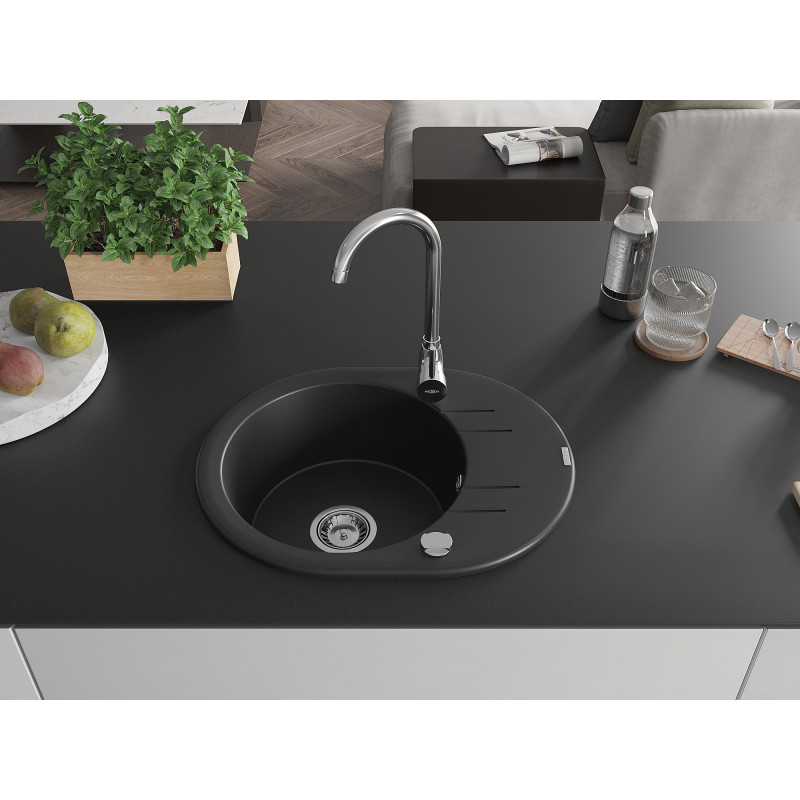Mexen Kevin chiuvetă de granit cu o cuvă și scurgător 586 x 458 mm, neagră, sifon cromat - 6517581005-77