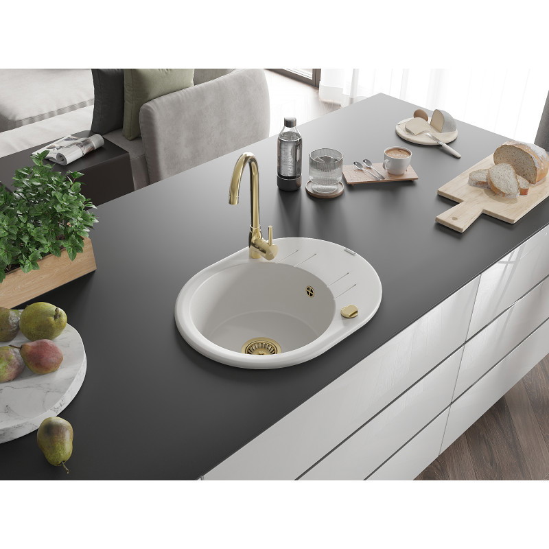 Mexen Kevin gránit mosogató 1 medencével és csepegtetővel 586 x 458 mm, fehér, arany szifonnal - 6517581005-20-G
