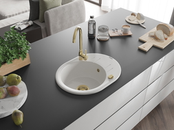 Mexen Kevin chiuvetă de granit cu o cuvă și scurgător 586 x 458 mm, alb, sifon auriu - 6517581005-20-G