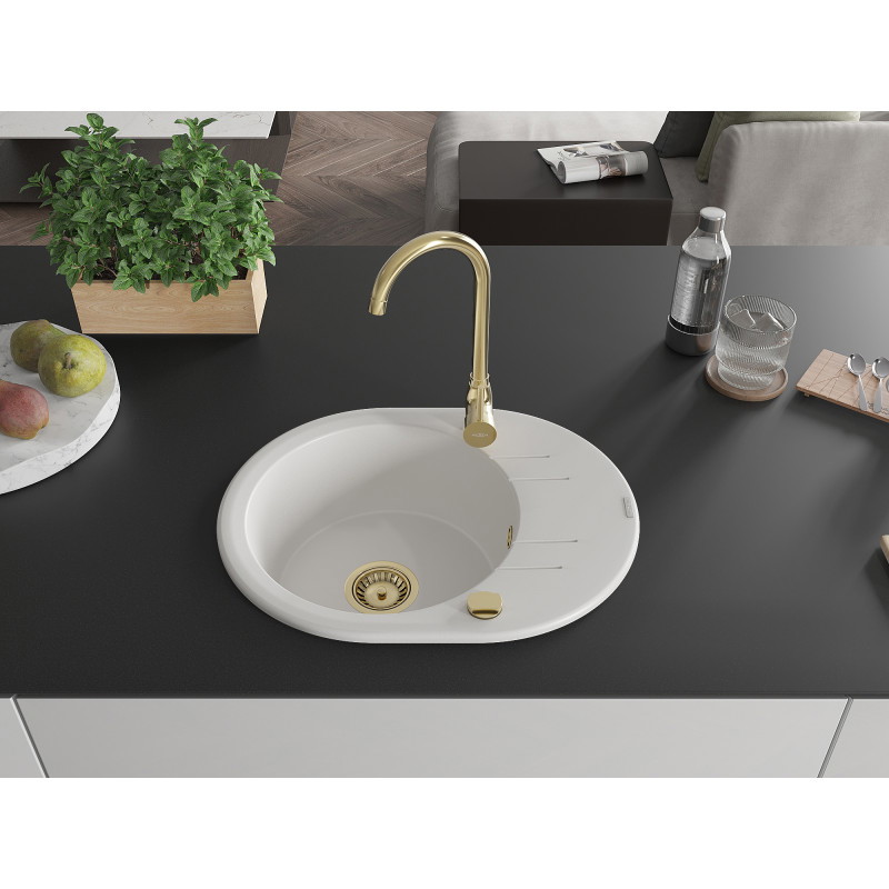 Mexen Kevin gránit mosogató 1 medencével és csepegtetővel 586 x 458 mm, fehér, arany szifonnal - 6517581005-20-G