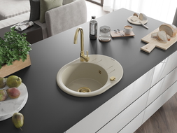 Mexen Kevin1-medencés gránit mosogató edényszárítóval 586 x 458 mm, Bézs, szifon Arany - 6517581005-69-G