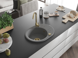 Mexen Kevin chiuvetă de granit cu 1 compartiment și scurgător 586 x 458 mm, gri, sifon auriu - 6517581005-71-G