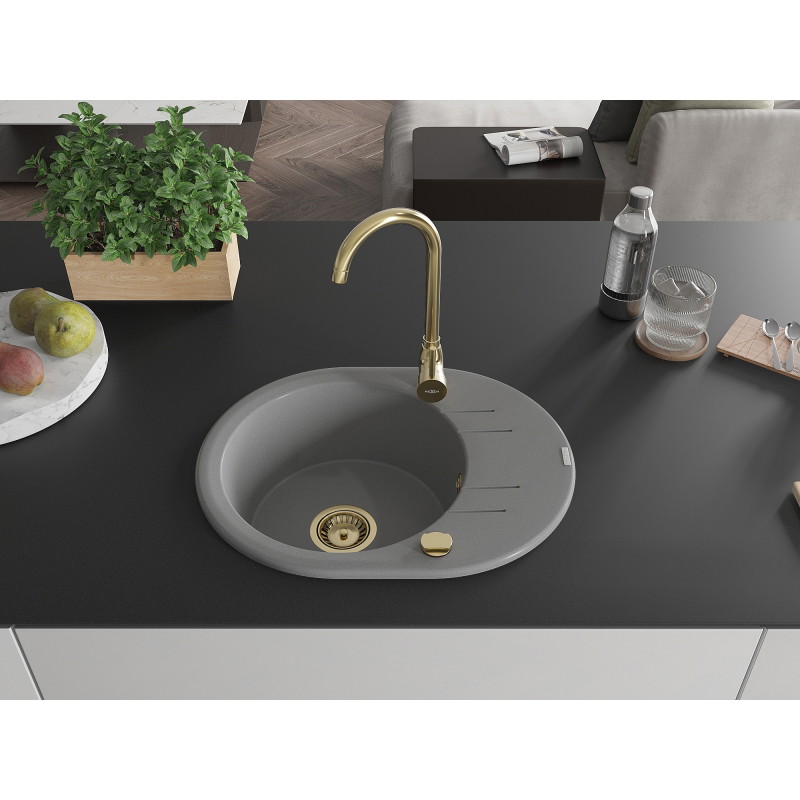 Mexen Kevin chiuvetă de bucătărie din granit cu 1 compartiment și scurgător 586 x 458 mm, gri, sifon auriu