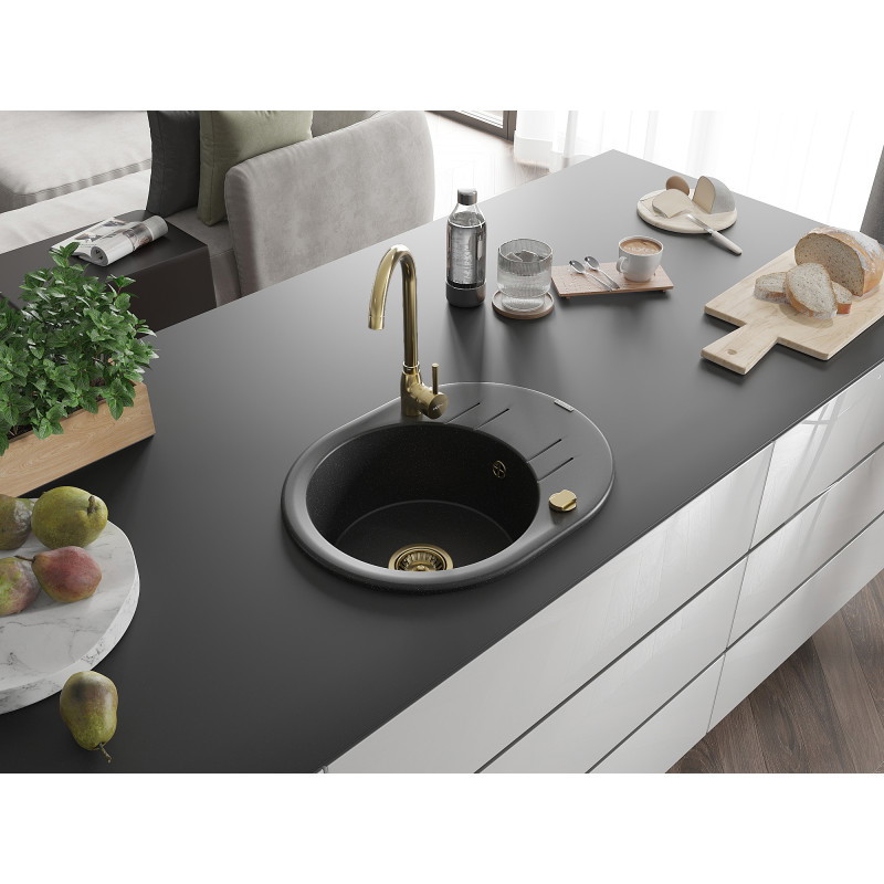 Mexen Kevin gránit mosogató 1-medencés csepegtetővel 586 x 458 mm, fekete/ezüst metál, arany szifon - 6517581005-73-G